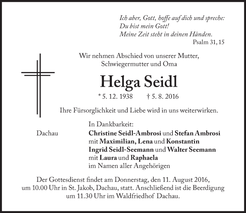  Traueranzeige für Helga Seidl vom 08.08.2016 aus Süddeutsche Zeitung