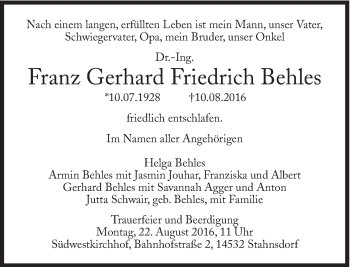 Traueranzeige von Franz Gerhard Friedrich Behles von Süddeutsche Zeitung