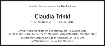 Traueranzeige von Claudia Trinkl von Süddeutsche Zeitung