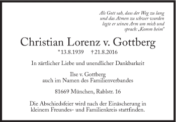 Traueranzeige von Christian Lorenz v. Gottberg von Süddeutsche Zeitung