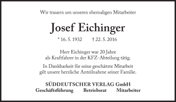 Traueranzeige von Josef Eichinger von Süddeutsche Zeitung