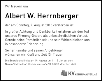 Traueranzeige von Albert W. Herrnberger von Süddeutsche Zeitung