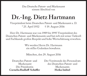 Traueranzeige von Dietz Hartmann von Süddeutsche Zeitung