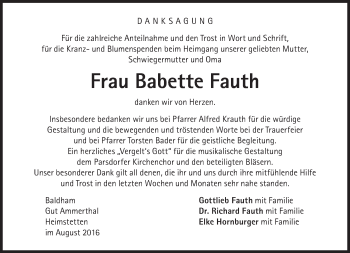 Traueranzeige von Babette Fauth von Süddeutsche Zeitung