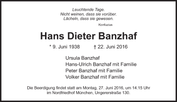 Traueranzeige von Hans Dieter Banzhaf von Süddeutsche Zeitung