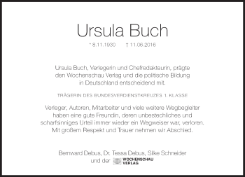 Traueranzeige von Ursula Buch von Süddeutsche Zeitung