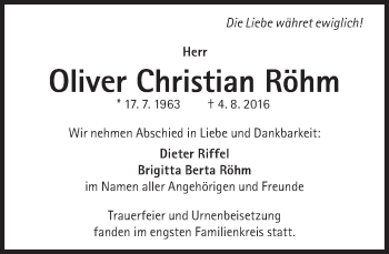 Traueranzeige von Oliver Christian Röhm von Süddeutsche Zeitung