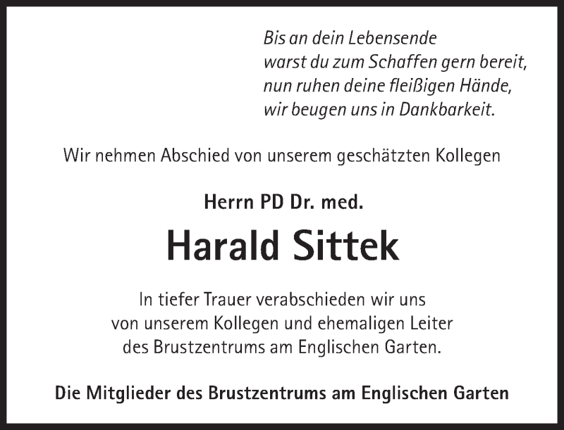  Traueranzeige für Harald Sittek vom 13.08.2016 aus Süddeutsche Zeitung