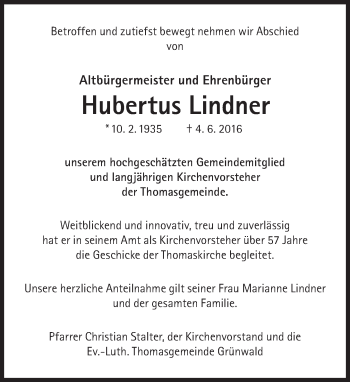 Traueranzeige von Hubertus Lindner von Süddeutsche Zeitung