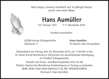 Traueranzeige von Hans Aumüller von Süddeutsche Zeitung