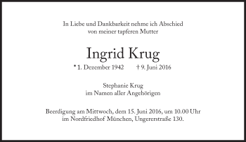 Traueranzeige von Ingrid Krug von Süddeutsche Zeitung