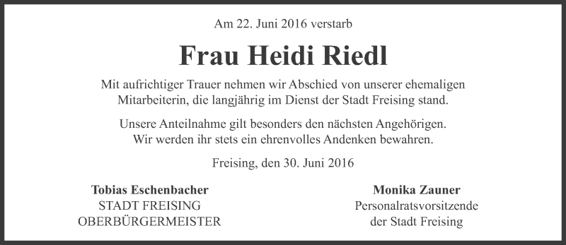  Traueranzeige für Heidi Riedl vom 30.06.2016 aus Süddeutsche Zeitung