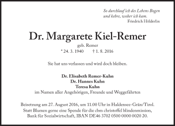 Traueranzeige von Margarete Kiel-Remer von Süddeutsche Zeitung
