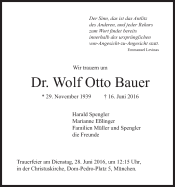 Traueranzeige von Wolf Otto Bauer von Süddeutsche Zeitung