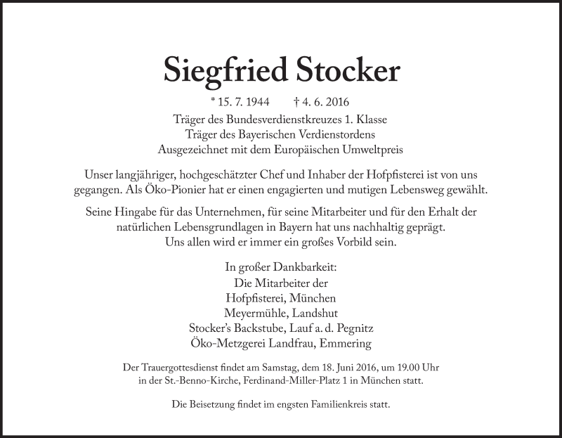  Traueranzeige für Siegfried Stocker vom 09.06.2016 aus Süddeutsche Zeitung