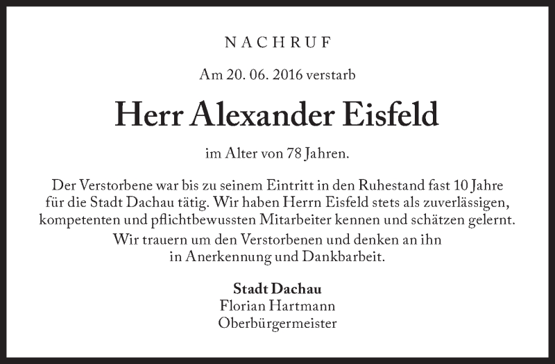  Traueranzeige für Alexander Eisfeld vom 28.06.2016 aus Süddeutsche Zeitung