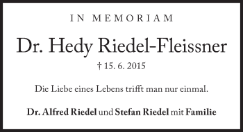 Traueranzeige von Hedy Riedel-Fleissner von Süddeutsche Zeitung
