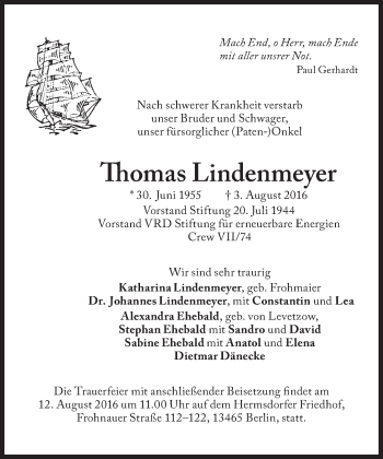 Traueranzeige von Thomas Lindenmeyer von Süddeutsche Zeitung