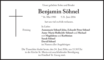 Traueranzeige von Benjamin Söhnel von Süddeutsche Zeitung