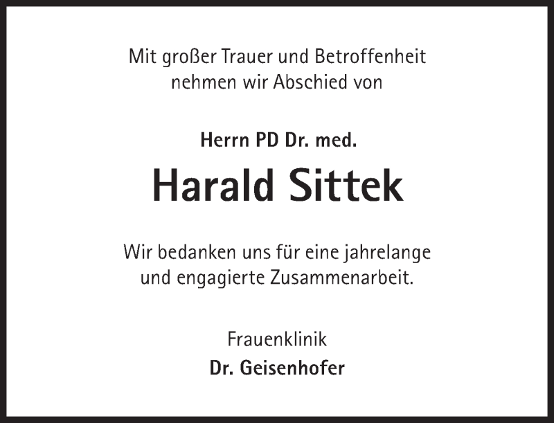  Traueranzeige für Harald Sittek vom 13.08.2016 aus Süddeutsche Zeitung