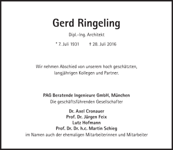 Traueranzeige von Gerd Ringeling von Süddeutsche Zeitung