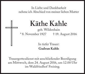 Traueranzeige von Käthe Kahle von Süddeutsche Zeitung