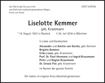 Traueranzeige von Liselotte Kemmer von Süddeutsche Zeitung