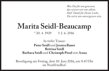 Traueranzeige von Marita Seidl-Beaucamp von Süddeutsche Zeitung