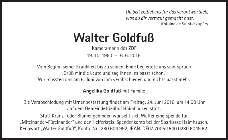  Traueranzeige für Walter Goldfuß vom 18.06.2016 aus Süddeutsche Zeitung