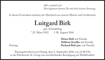 Traueranzeige von Luitgard Birk von Süddeutsche Zeitung