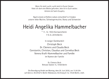 Traueranzeige von Heidi Angelika Hammelbacher von Süddeutsche Zeitung