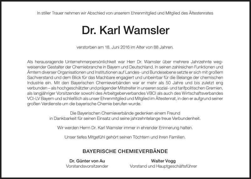  Traueranzeige für Karl Wamsler vom 25.06.2016 aus Süddeutsche Zeitung