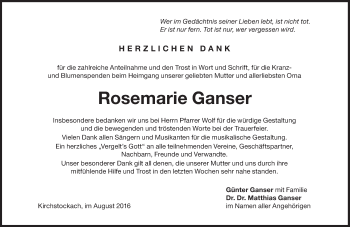 Traueranzeige von Rosemarie Ganser von Süddeutsche Zeitung