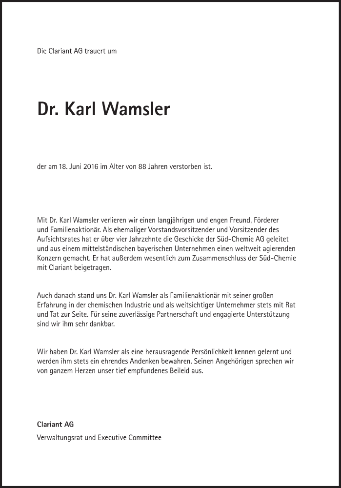  Traueranzeige für Karl Wamsler vom 25.06.2016 aus Süddeutsche Zeitung