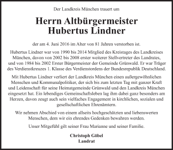Traueranzeige von Hubertus Lindner von Süddeutsche Zeitung