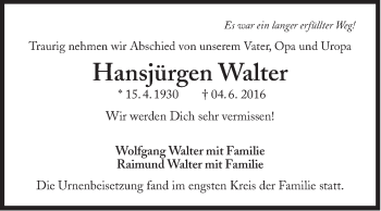 Traueranzeige von Hans-Jürgen Walter von Süddeutsche Zeitung