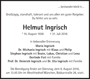 Traueranzeige von Helmut Ingrisch von Süddeutsche Zeitung