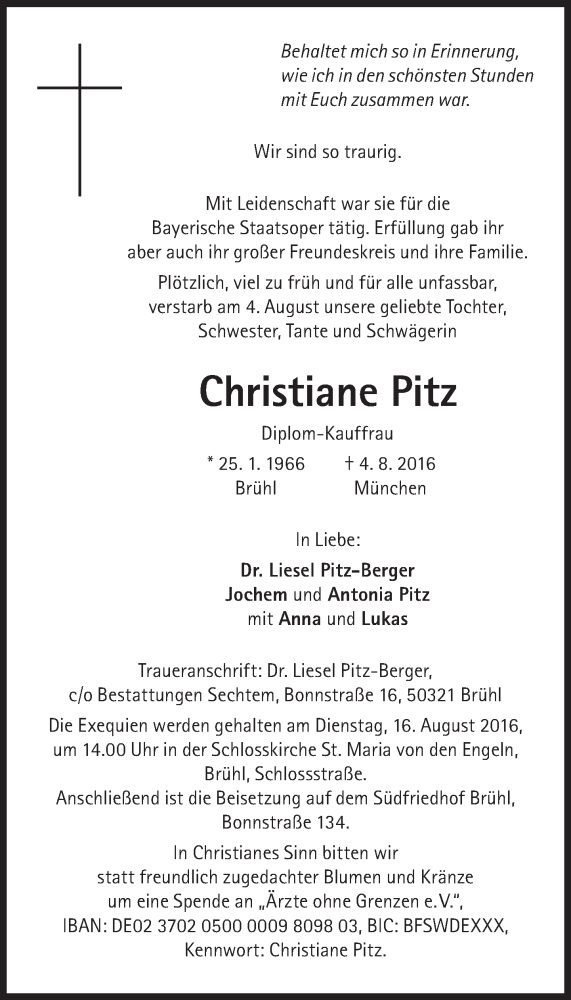  Traueranzeige für Christiane Pitz vom 13.08.2016 aus Süddeutsche Zeitung
