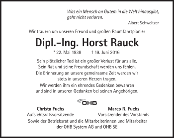 Traueranzeige von Horst Rauck von Süddeutsche Zeitung