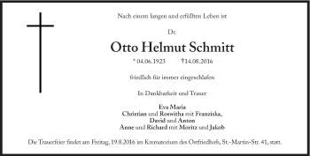 Traueranzeige von Otto Helmut Schmitt von Süddeutsche Zeitung