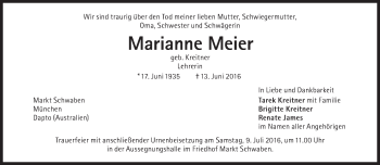 Traueranzeige von Marianne Meier von Süddeutsche Zeitung
