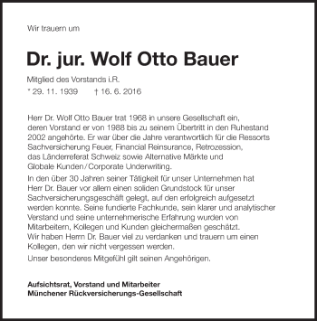Traueranzeige von Wolf Otto Bauer von Süddeutsche Zeitung