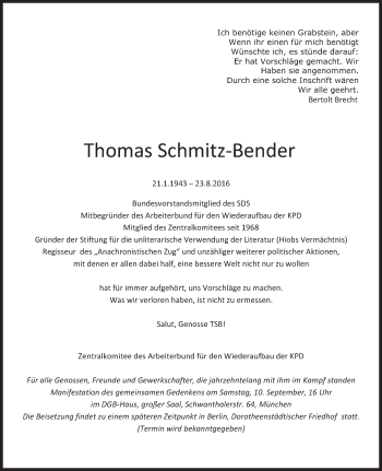 Traueranzeige von Thomas Schmitz-Bender von Süddeutsche Zeitung