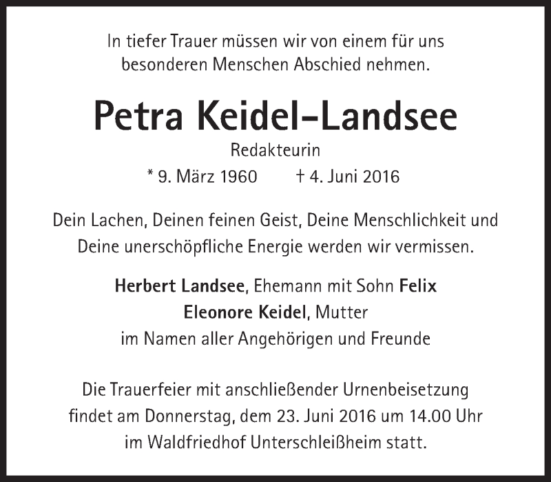  Traueranzeige für Petra Keidel-Landsee vom 18.06.2016 aus Süddeutsche Zeitung