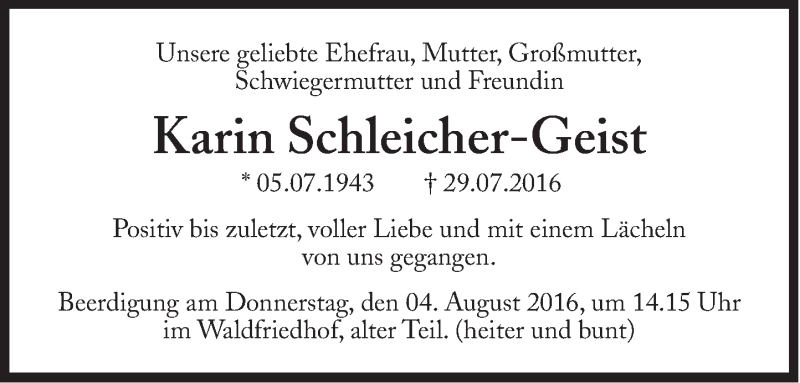  Traueranzeige für Karin Schleicher-Geist vom 03.08.2016 aus Süddeutsche Zeitung