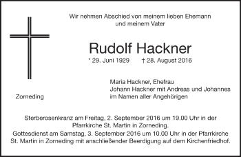 Traueranzeige von Rudolf Hackner von Süddeutsche Zeitung