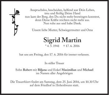 Traueranzeige von Sigrid Martin von Süddeutsche Zeitung