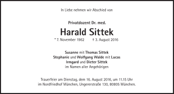 Traueranzeige von Harald Sittek von Süddeutsche Zeitung