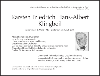 Traueranzeige von Karsten Friedrich Hans-Albert Klingbeil von Süddeutsche Zeitung