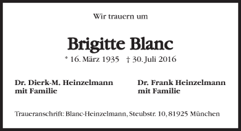 Traueranzeige von Brigitte Blanc von Süddeutsche Zeitung